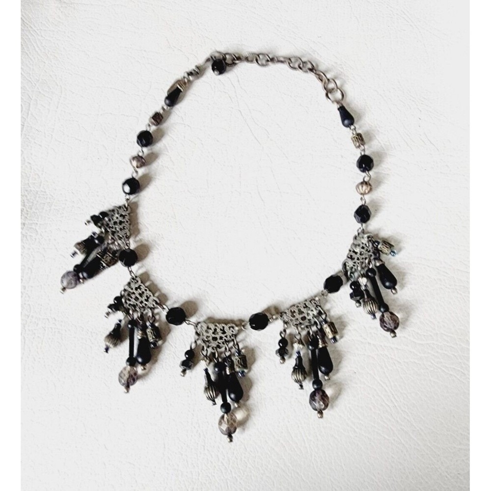 Treska Funky Black Glass Beaded Silver Tone Necklace